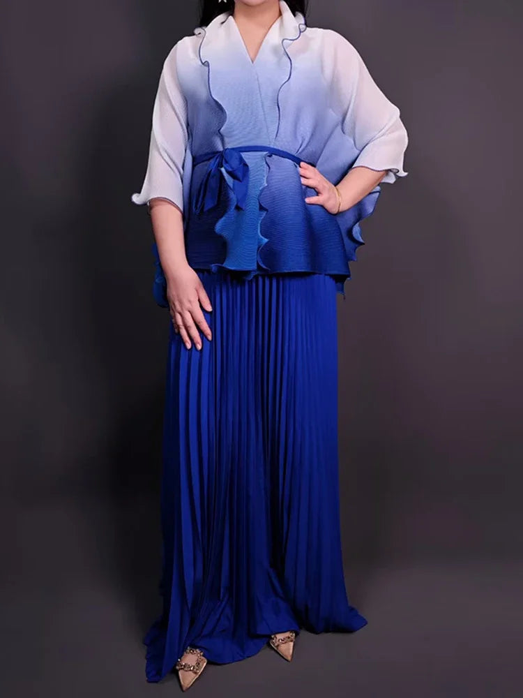 Amay Gradient Pleated Fashion 2 Piece Sets Belt Waist Batwing Sleeves Ruffles Tops A-line Long Dresses Elegant Party Set 32R1391