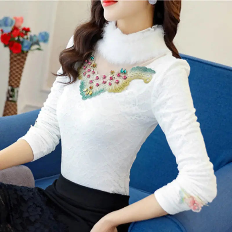 Maxy Winter Women Warm Embroidered Diamond Shirt Female Plus Velvet Thick Lace Bottomed Blouse Rabbit Fur Collar Hollow Tops