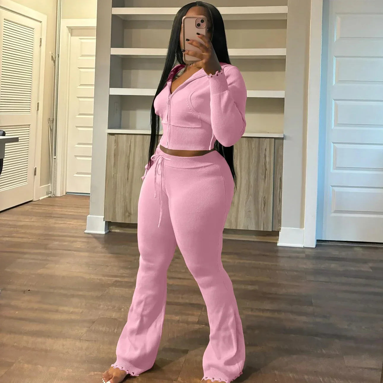 Maxy FAGADOER Casual Knitting 2 Piece Sets Women Outfit Solid Color Zip Crop Hooded Top + Flare Pants Suits Female Streetwear
