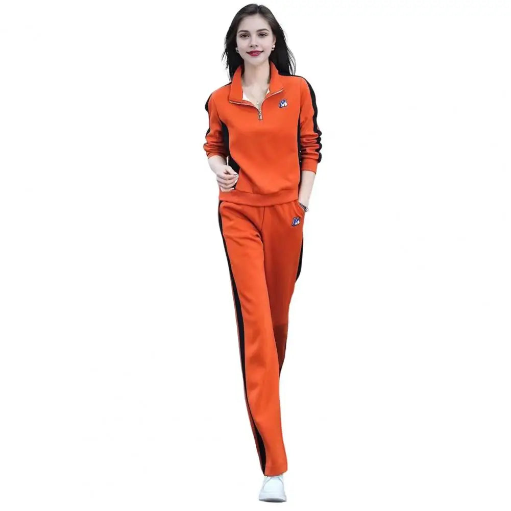 Stand-up Collar Tracksuit Stylish Women's Sportswear Set Color Matching Zippered Stand Collar Sweatshirt Wide Leg for Casual