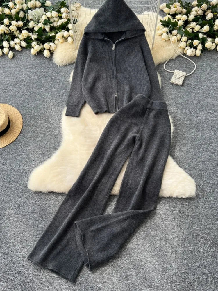 Amay Women 2 Piece Knitted Sweater Pantsuits Winter Fashion Korean Blouses Tops and Casual Pants Set Elegant Female Hoodies Outfits