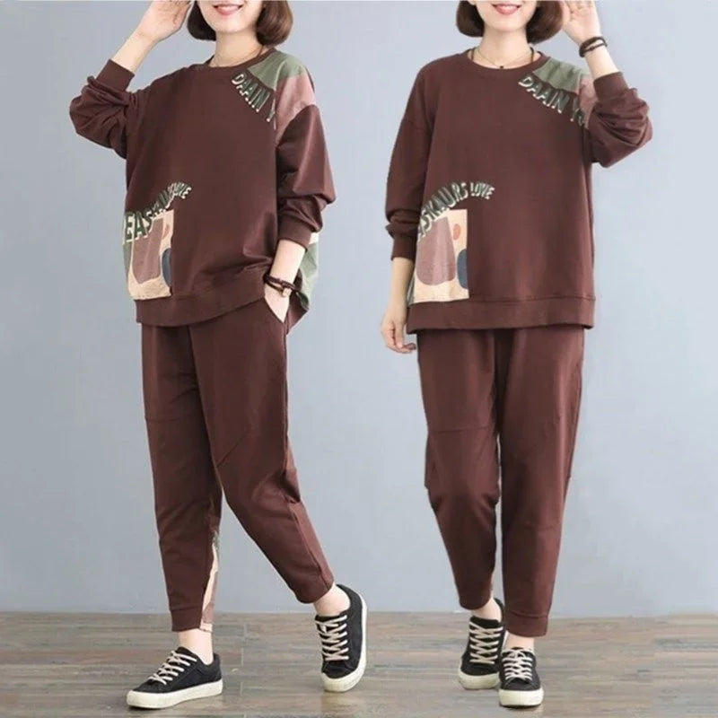Amay Women's Leisure Sports Suit Summer New Korean Fashion Printing Loose Crop Tops Pants 2 Two Piece Sets for Women Tracksuit