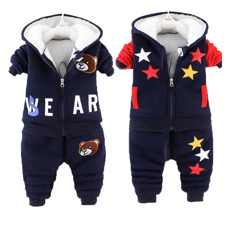 Winter Baby Boys Clothing Sets 2023 Cartoon Toddler Boys Girls Warm Hooded Coats Pants Suit Kids Thick Tracksuit Clothes Set