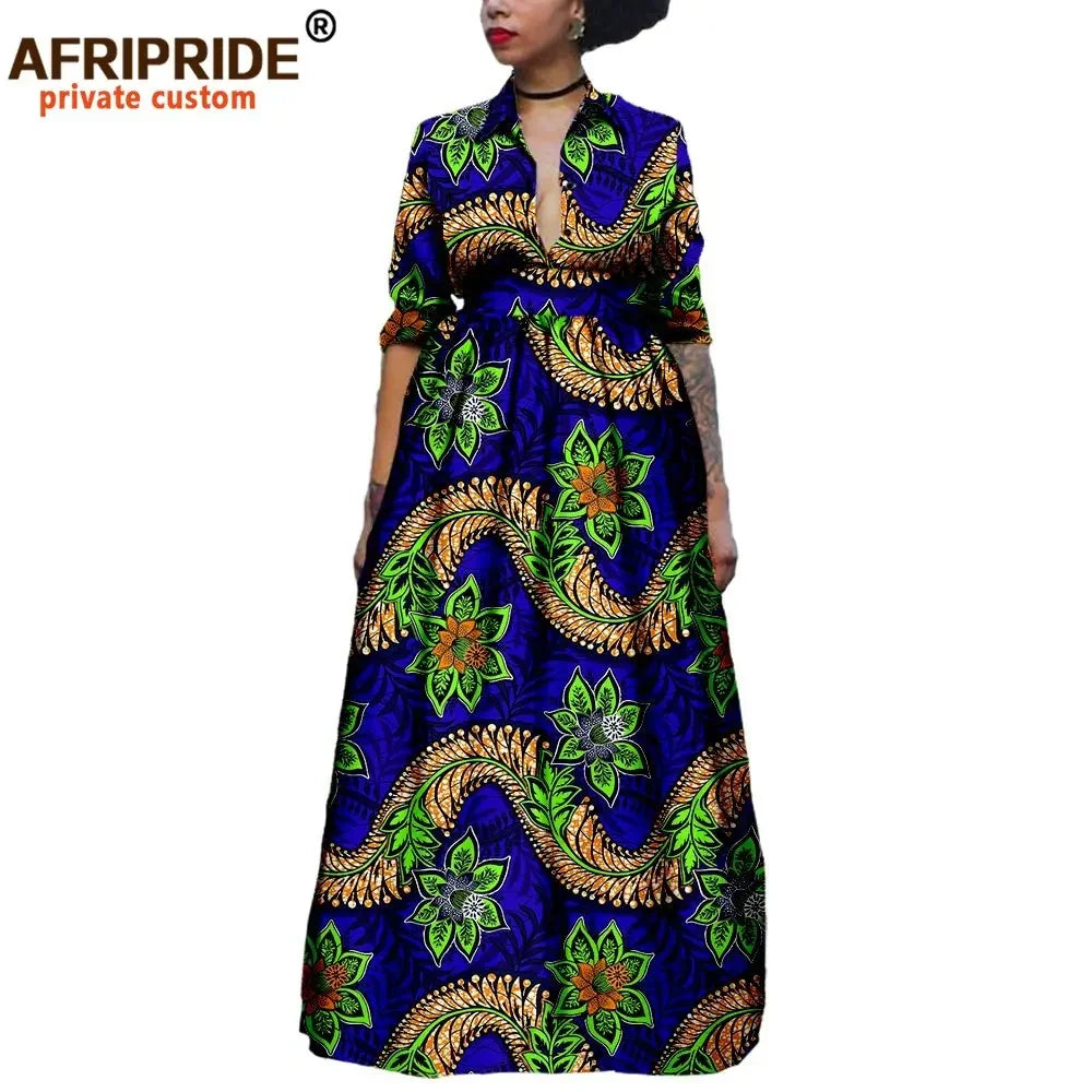 Maxy African Long Dresses for Women Half Sleeve Ankle-length Notched Collar Party Dress Print Ankara AFRIPRIDE A1825075