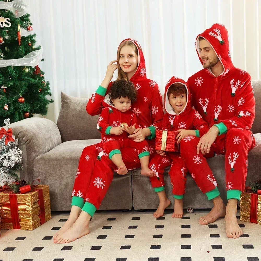 New Family Christmas Clothes Red Flannel Pajamas Warm Soft Jumpsuit Print Parent-child Matching Outfits Hooded Romper Xmas Look