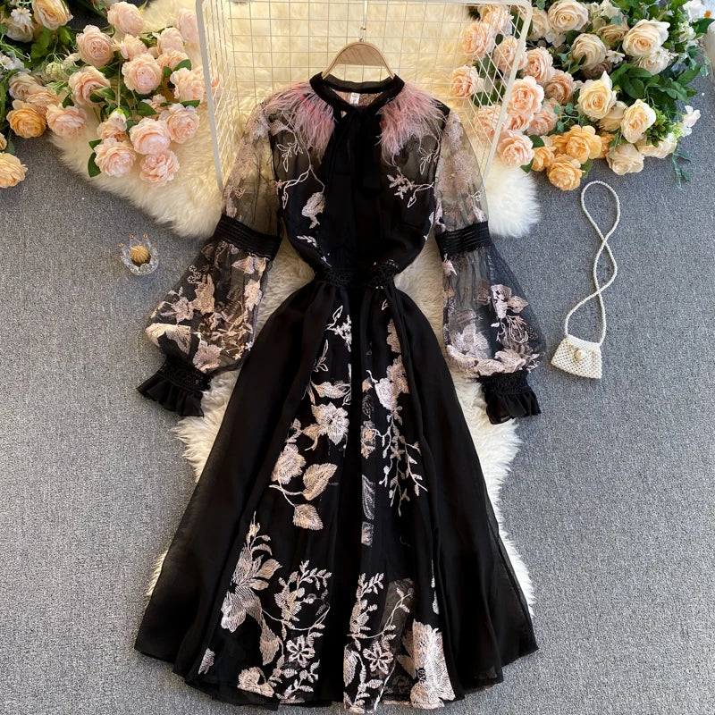 Maxy Spring Autumn Zipper Embroidery French Retro Style Lapel Waistband Slim A Line Mesh Lace Dress Elegant Women Clothing