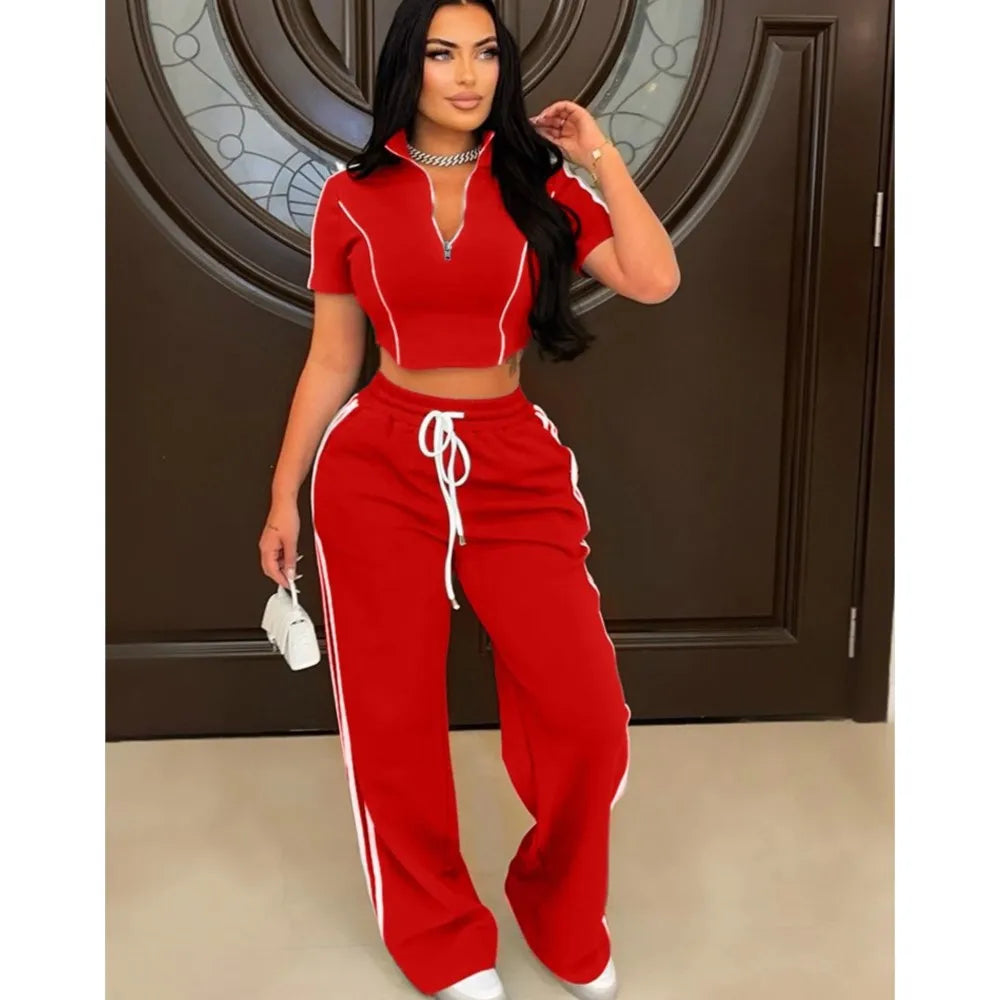 Maxy Fashion Casual Short Hoodie 2 Piece Women Summer Zipper Top Short Sleeved Sports T Shirt Stripe Splicing Long Pants Female Suit