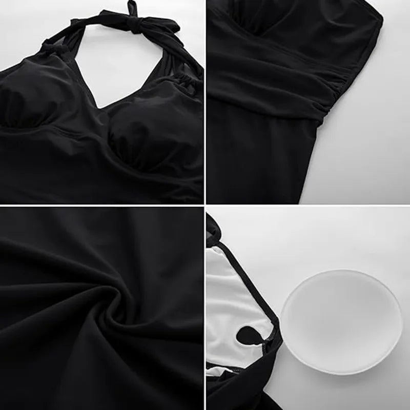 Maxy Women Plus Size Swimwear Two Piece Black Tankini Swim dress V Neck Halter Floral Asymmetrical Hem Skirted Swimsuits with Boyshort