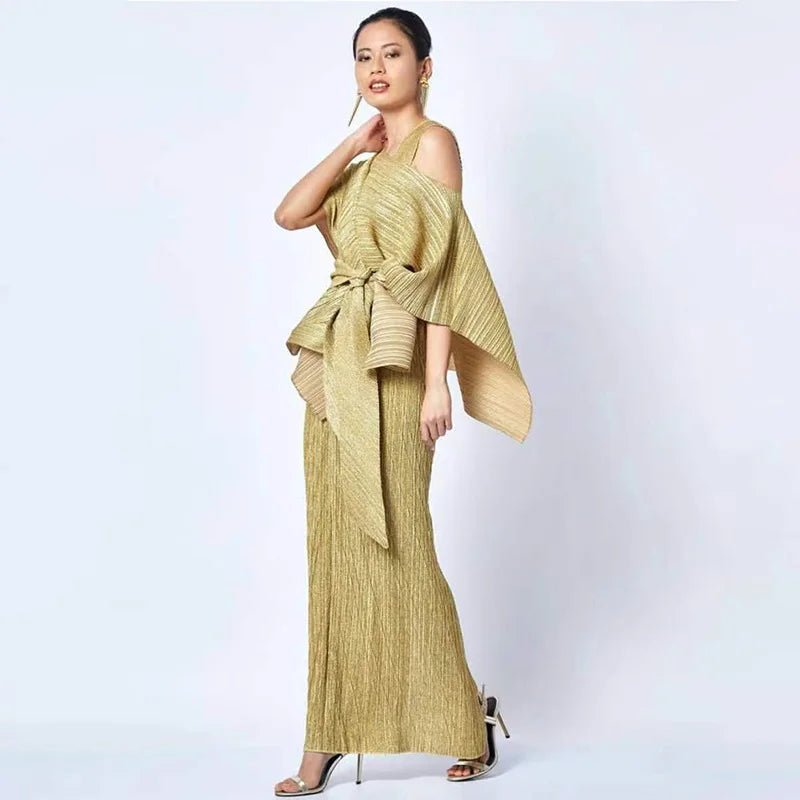 Amay Women's yellow Maxy lace-up cloak + sleeveless dress Pleated Fashion plus-size elegant evening dresses