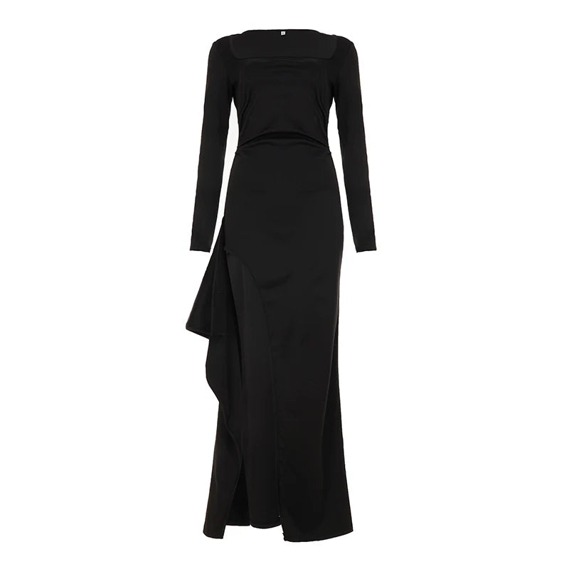 Maxy Party Clubwear Elegant Fashion Solid Split Dress Sexy Slim Square Collar Long Sleeve Maxi Dresses For Women Autumn Spring