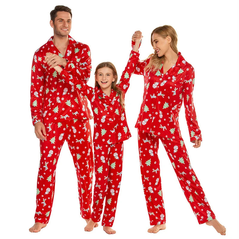 New Year Fashion Print Matching Family Christmas Pajamas Set Shirt + Pants Parent-child Outfit Cardigan Loungewear Home Clothes