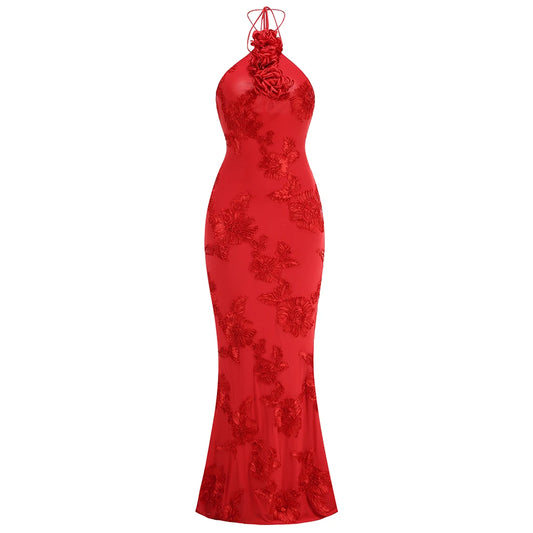 Women Ready Party Dress Red Sky Blue Halter Backless Lace Embroidery Bodycon Maxi Long Celebrity Evening Club Gowns Gala Clothes