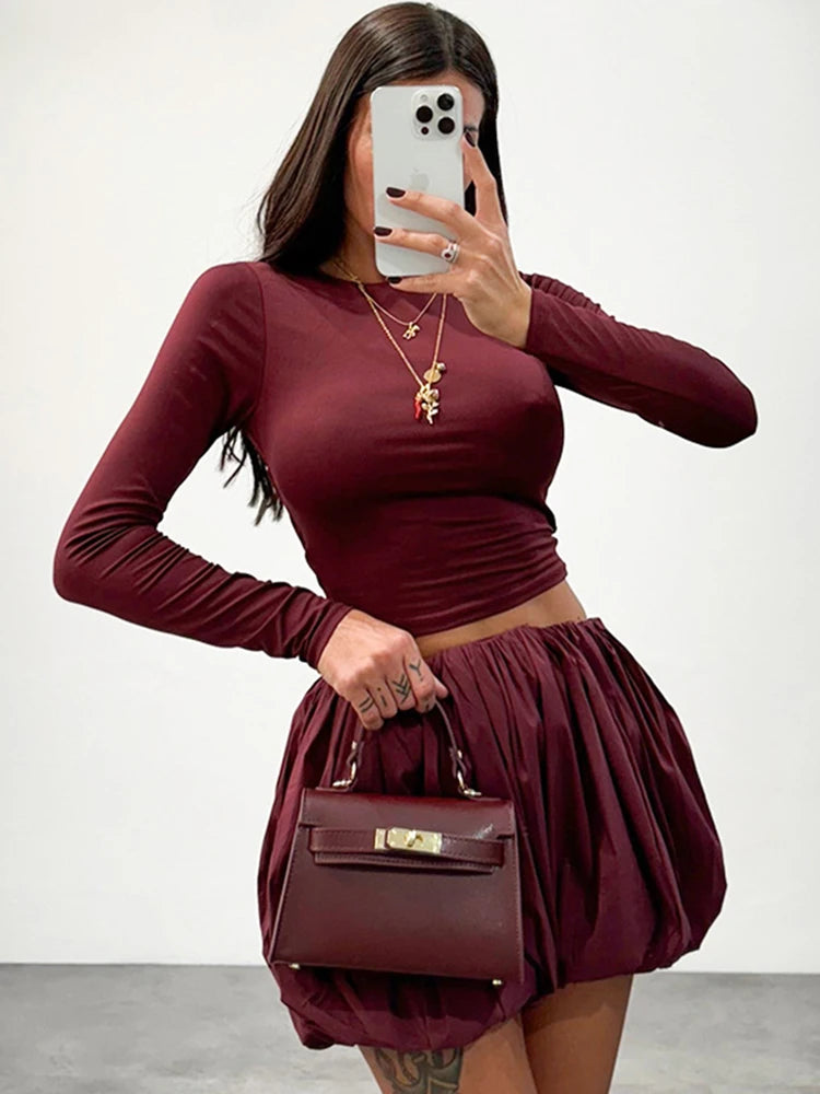 Maxy Trendix Pleated Skirt 2 Piece Sets Women Burgundy Bodycon Long Sleeve Shirts Vintage Fashion High Waist Dress Suits Winter