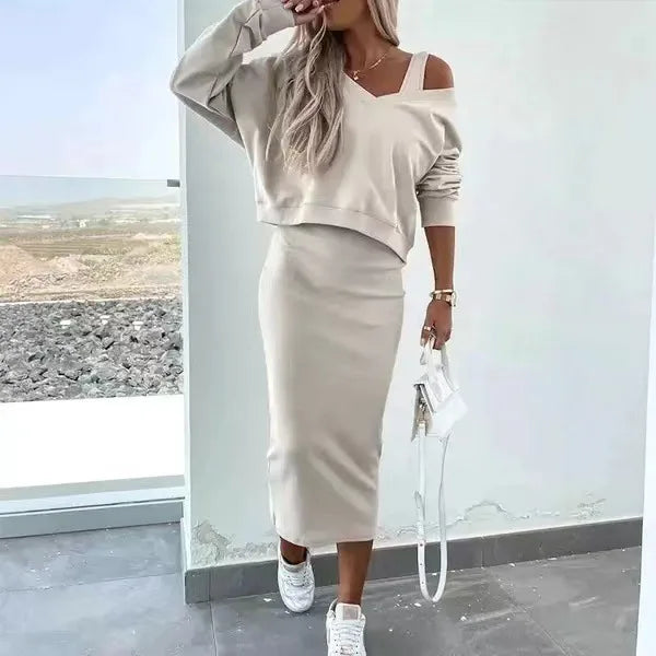 Women Elegant Patchwork Sport Casual Solid Loose Sweatshirt 2Pc Sets Fashion O-neck Side Split Pullover & Long Pant Suit