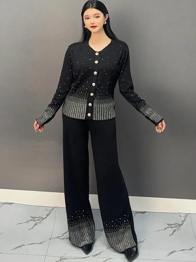 Babs Fashion Knitted Pants Sets Women Round Collar Beading Full Sleeve Tops + Wide Leg Trousers Vintage Style Set 5G270