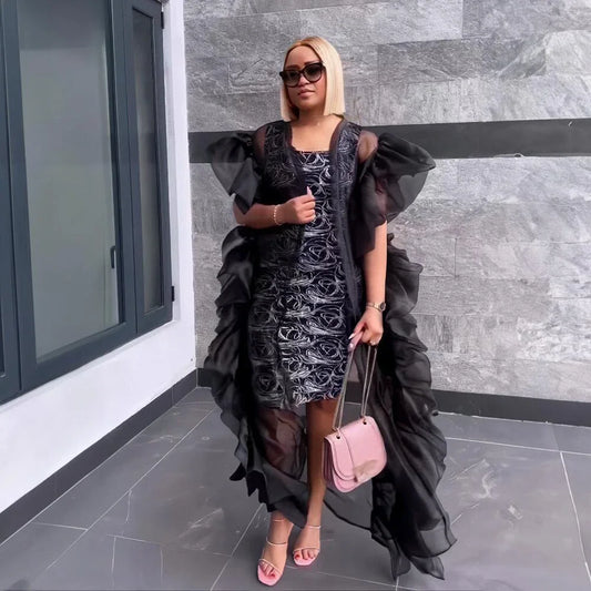 Maxy Dashiki African Evening Dresses for Fashion Women Mesh Ruffle Open Abaya Elastic Print Inner Dress Set Turkey Wedding Femme Gown