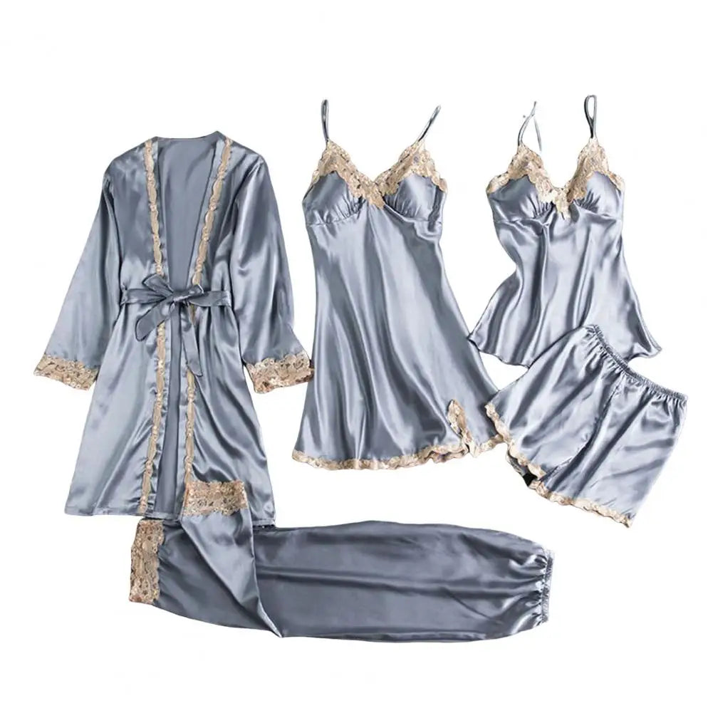 Women Satin Pajamas Elegant Satin Lace Pajama Set with Lace-up Waist 5-piece Nightwear Set for Women Silky Nightgown Shorts Set