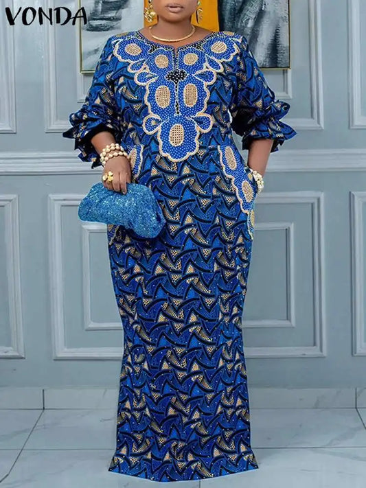 Amay Plus Size 5XL VONDA Women Party Maxy Long Dress Autumn New Crew Neck Puff Sleeve Vintage Floral Printed Dress Robe Holiday