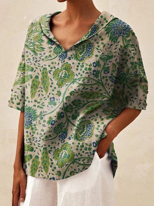 Maxy Women's Loose V-Neck Cotton Linen Shirt, Casual Elegant Summer Blouse Office Wear