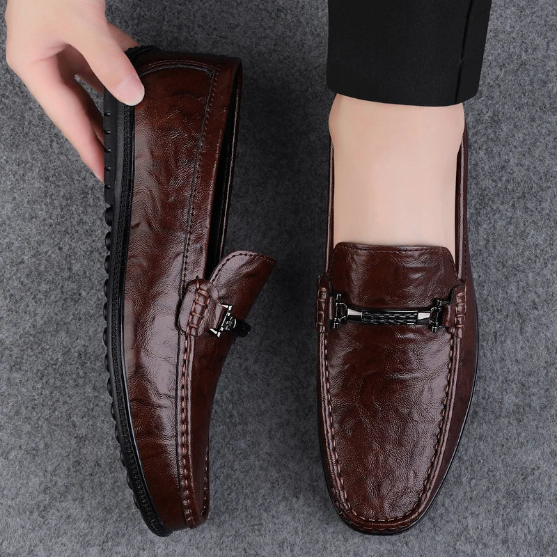 Amay Metal Buckle Brown Loafers Genuine Leather Mens Business Formal Shoes Comfortable Casual Shoes Driving Footwear Breathable Mens