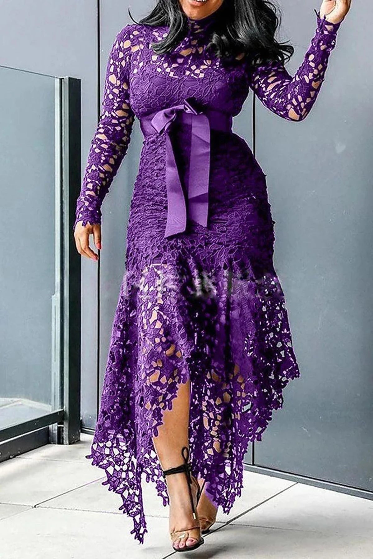 Maxy Women Elegant French Lace Dress Stand Up Collar Puff Sleeve Slim Sexy Hollow Out Irregular Hem Party Club Evening Midi Dresses