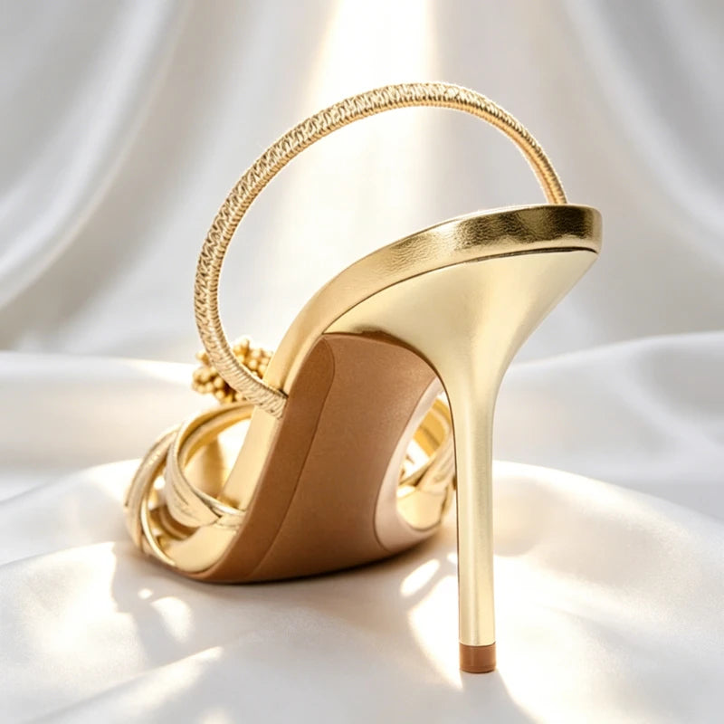 Maxy Luxury Gold Floral Detail Slingback Heels Women Unique Laminated Effect Design Pointed-Toe Heel Sandals Elegant Party Dress Shoe