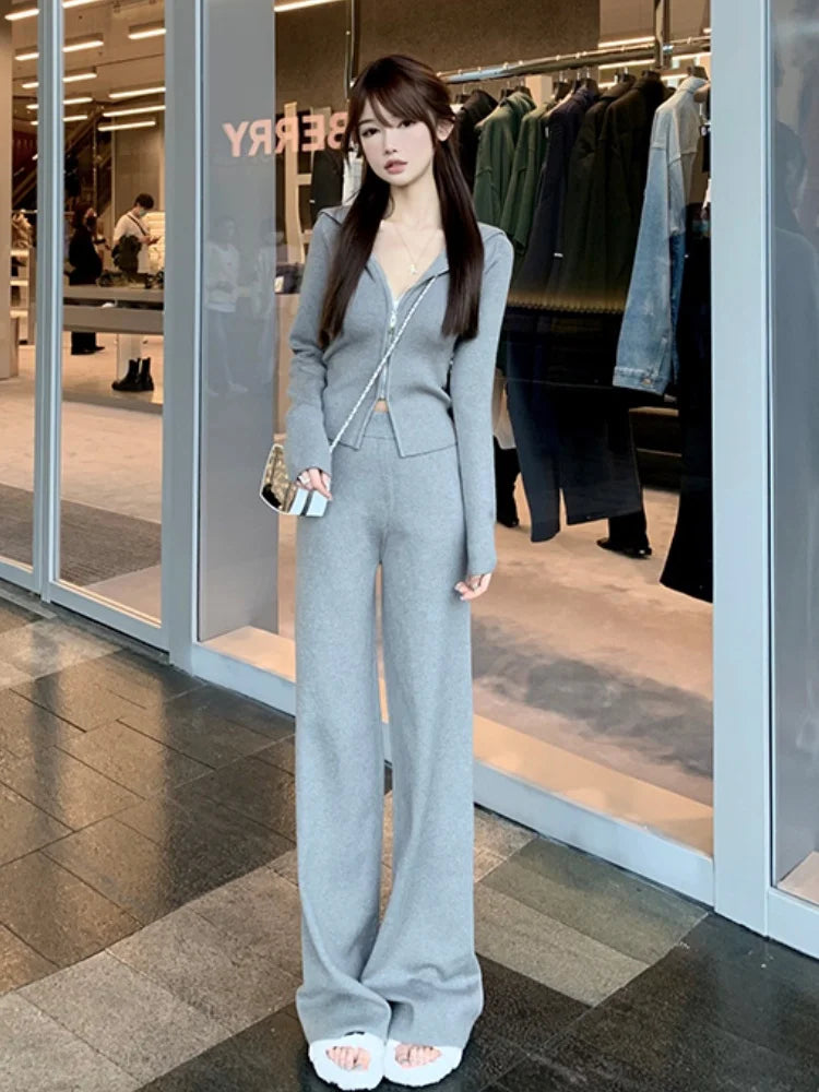 Women Knitted Tracksuits Autumn Winter Hooded Long Sleeve Short Jacket High Waist Wide Leg Pants Two Piece Set Fashion Outfits