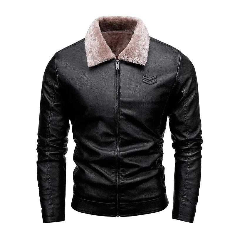 Maxy Men's Leather Jacket with Plush Lining Motorcycle Style Top  Artificial Leather Jacket Mens Fur Coat  Winter Men