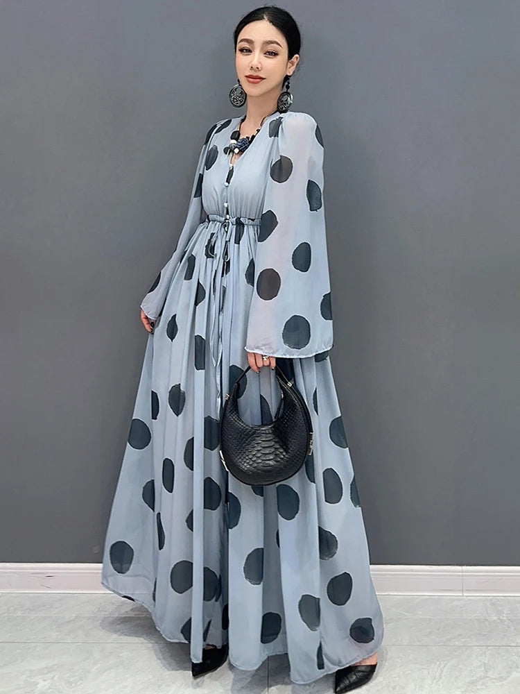 Babs Spring Summer New Chiffon Printed Polka Dot Jumpsuit V-neck Long Sleeved Wide Leg Skirt Pants Women's Elegance