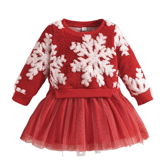 Suefunskry Baby Girl Christmas Party Dress, Long Sleeve Round Neck Fuzzy Christmas Snowflake Sweatshirt Tulle Patchwork Dress