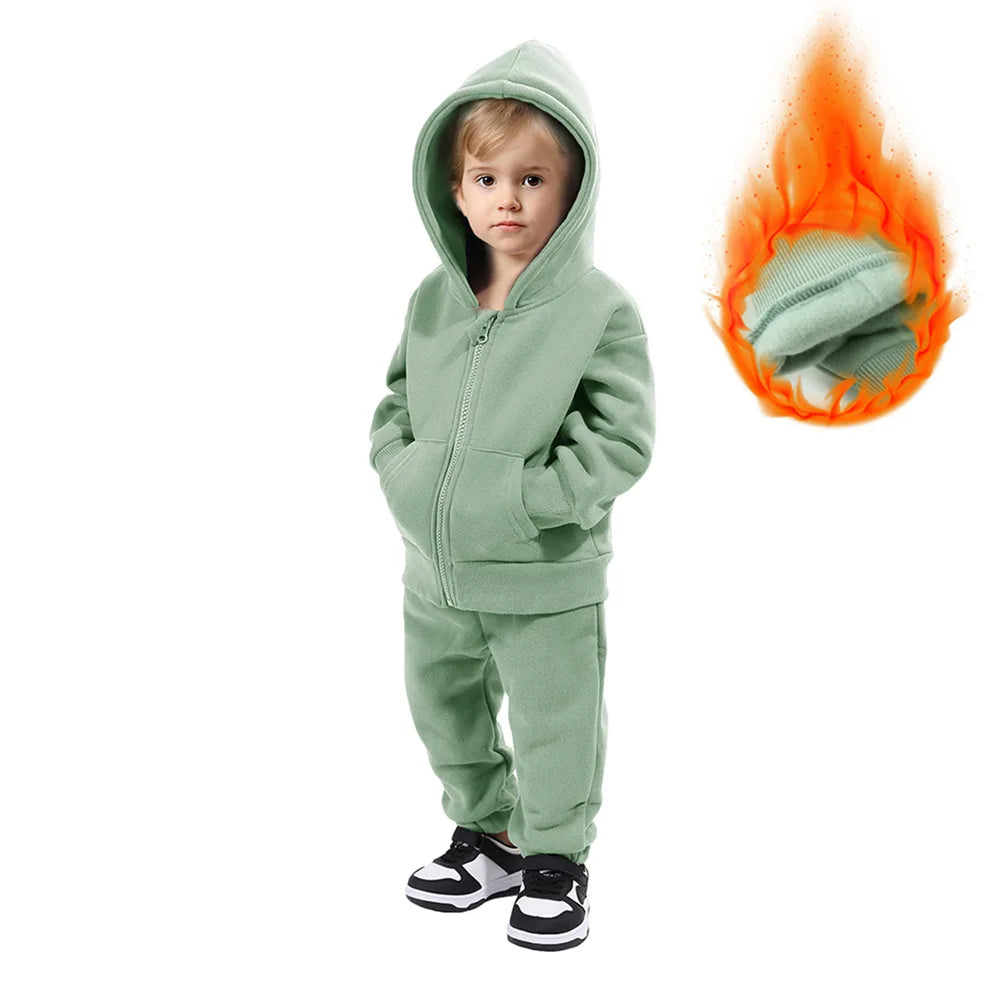 Maxy Children Hooded Tracksuits Suits Toddler Boys Girls Clothing Solid Plush Autumn Winter Sweatshirt Jacket Coats Sports Pants Set