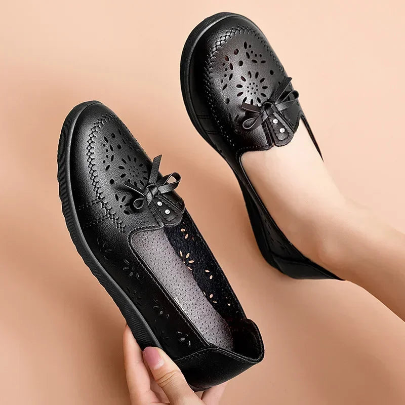 Maxy Women Flats Summer Women Genuine Leather Shoes With Low Heels Slip On Casual Flat Shoes Women Loafers Soft Nurse Ballerina Shoes