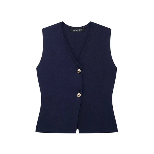 TRAFZA Women 2 Piece Set V-Neck Sleeveless Button Knitted Vest Top+Elegant Splicing High Waist Zipper Long Skirts Holiday Suits