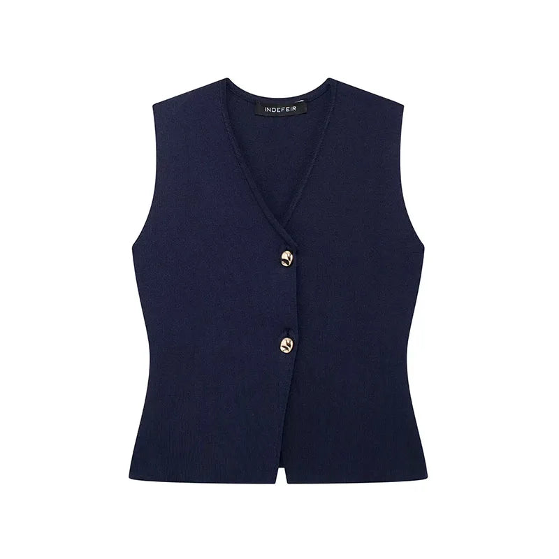 TRAFZA Women 2 Piece Set V-Neck Sleeveless Button Knitted Vest Top+Elegant Splicing High Waist Zipper Long Skirts Holiday Suits