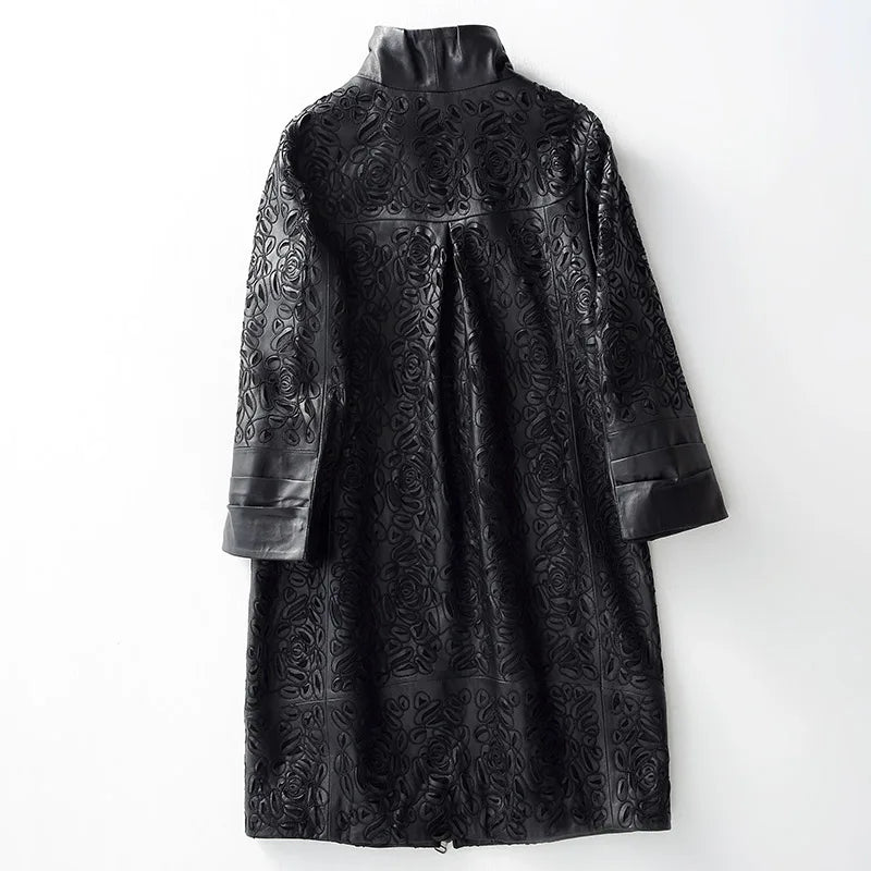 Amay Embroidery Hollow Out Sheepskin Windbreakers Female OL Style 100% Real Leather Medium Long Jacket Streetwear Stand Collar Coat