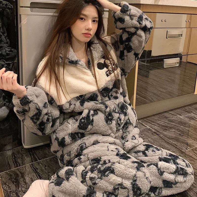 Maxy Disney Mickey Mouse Women's Autumn Winter Sleepwear Coral Fleece Thickened New Home Suit Set Korean Style Y2k Sweet Girl Pajamas