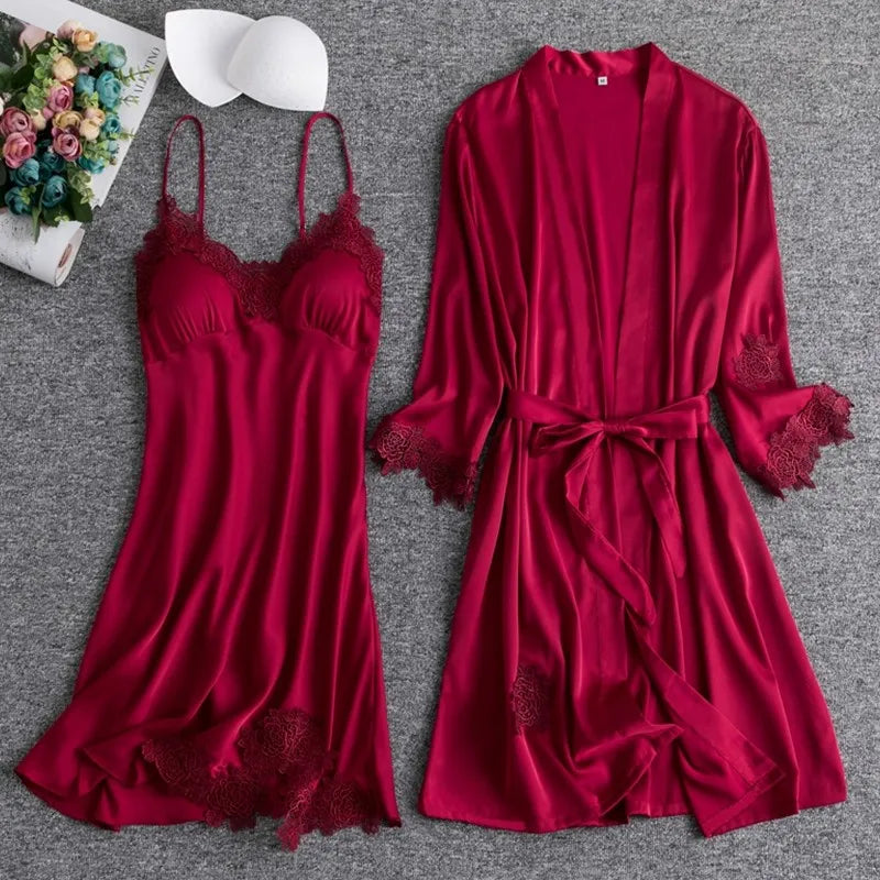 Maxy Lace Patchwork Kimono Bathrobe Set Female Sleepwear Twinset Robe Suit With Strap Nightgown Summer Perspective Nightwear Lingerie