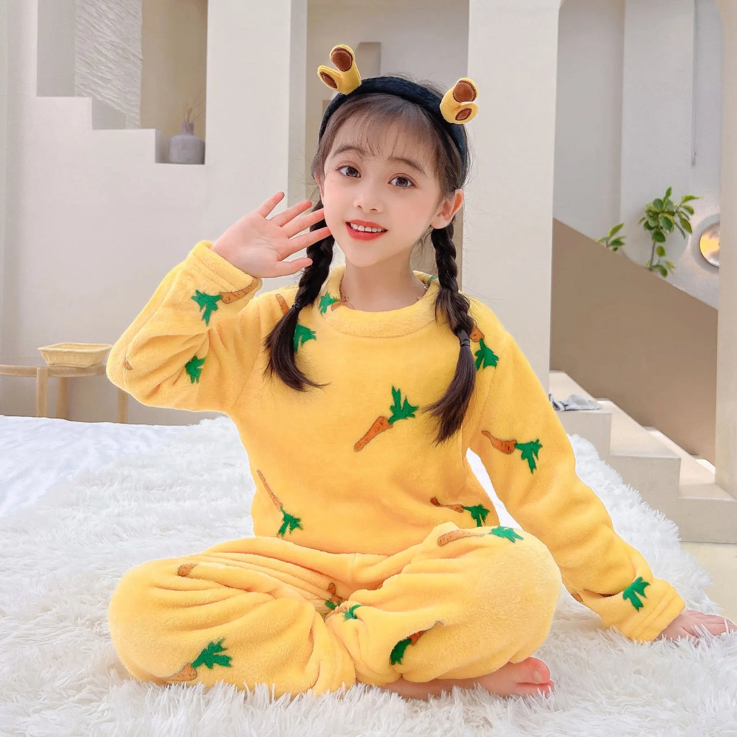 Maxy New 2024 Autumn Winter Kids Thick Warm Flannel Pajama Sets Baby Boys Girls Cartoon Long Sleeve O-neck Clothing Sleepwear Pyjamas