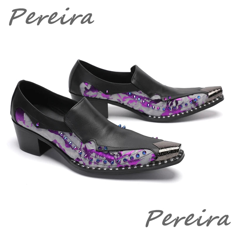 Maxy Colorful Rhinestone Yellow Purple Mixed Colors Leather Shoes for Men Metal Pointed Toe 4.5Cm Heel Loafers Business Dress Shoes
