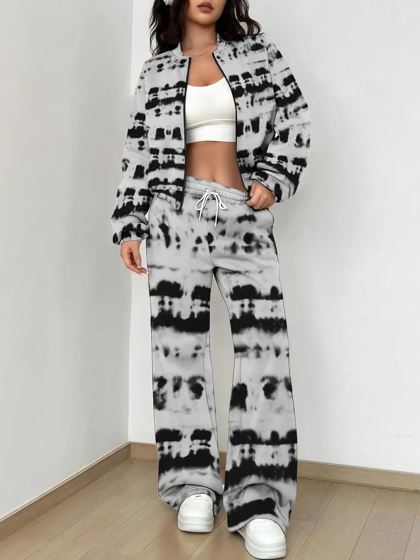 Maxy French Retro Floral Long Sleeved Zipper Jacket and Pants Set, Gentle and Stylish Two-piece Set