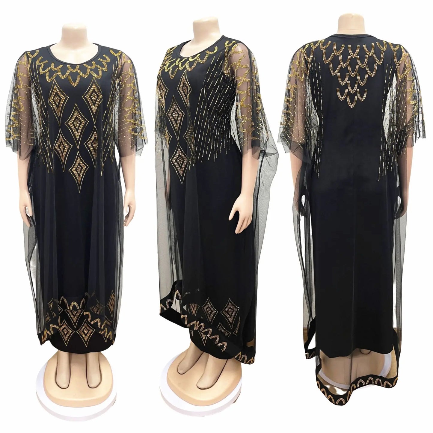 Maxy Two-Piece African Dresses for Women Traditional Nigeria Mesh Hot Drill Caftan Dress Abaya Musulman Robe Femme Clothes