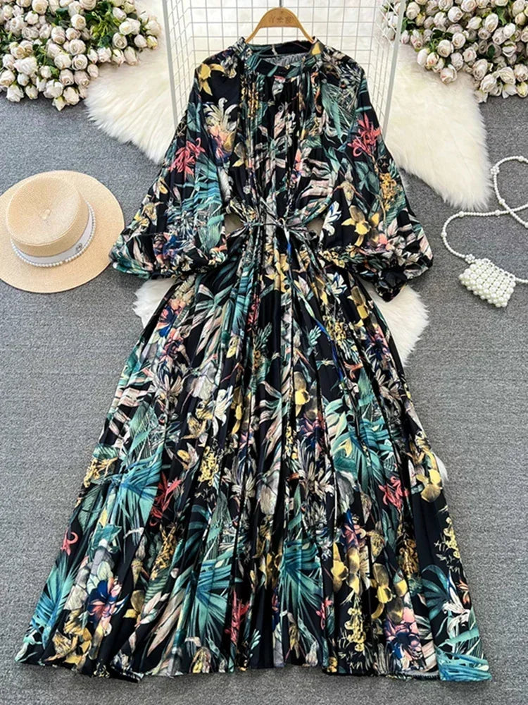 Maxy New Spring Autumn Retro Print Pleated Long Dress Femininity Small Stand-up Collar Puff Sleeve Slim Holiday Dress A116