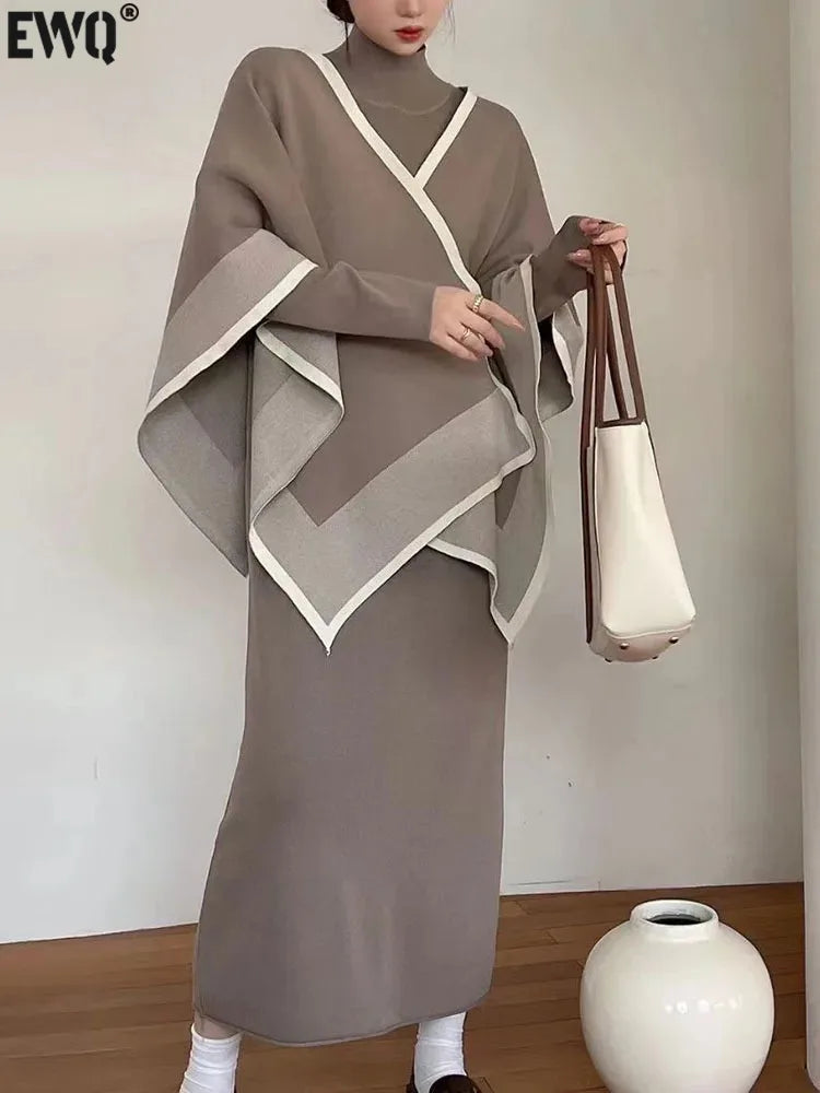 Maxy [EWQ] Korean O Neck Long Sleeve Dress Contrast Color Patchwork Knit Cape Women's Clothes Two Pieces Set Autumn Winter U6422