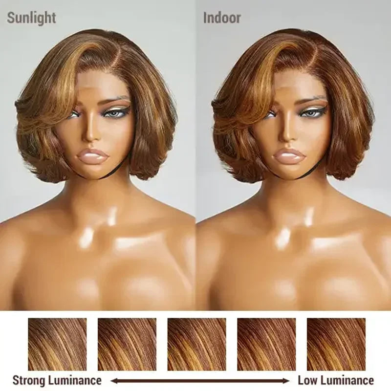 Maxy Brazilian 4/27 Highlight 4x4 Body Wave Glueless Closure Human Hair Wigs Ombre Brown Mix Blonde Water Wave C Part Short Bob Wig