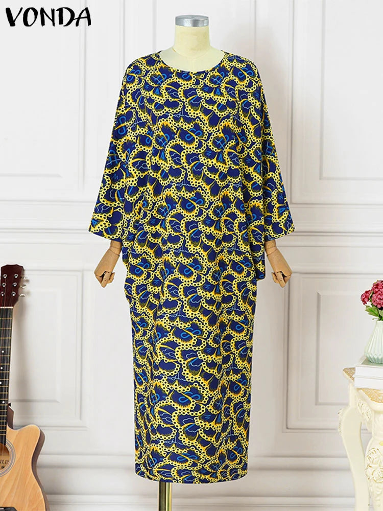 Maxy Plus Size 5XL Bohemian Printed Maxy Long Dress Women Vintage Flare Sleeve Vestidos Elegant Party Sundress Casual Robe