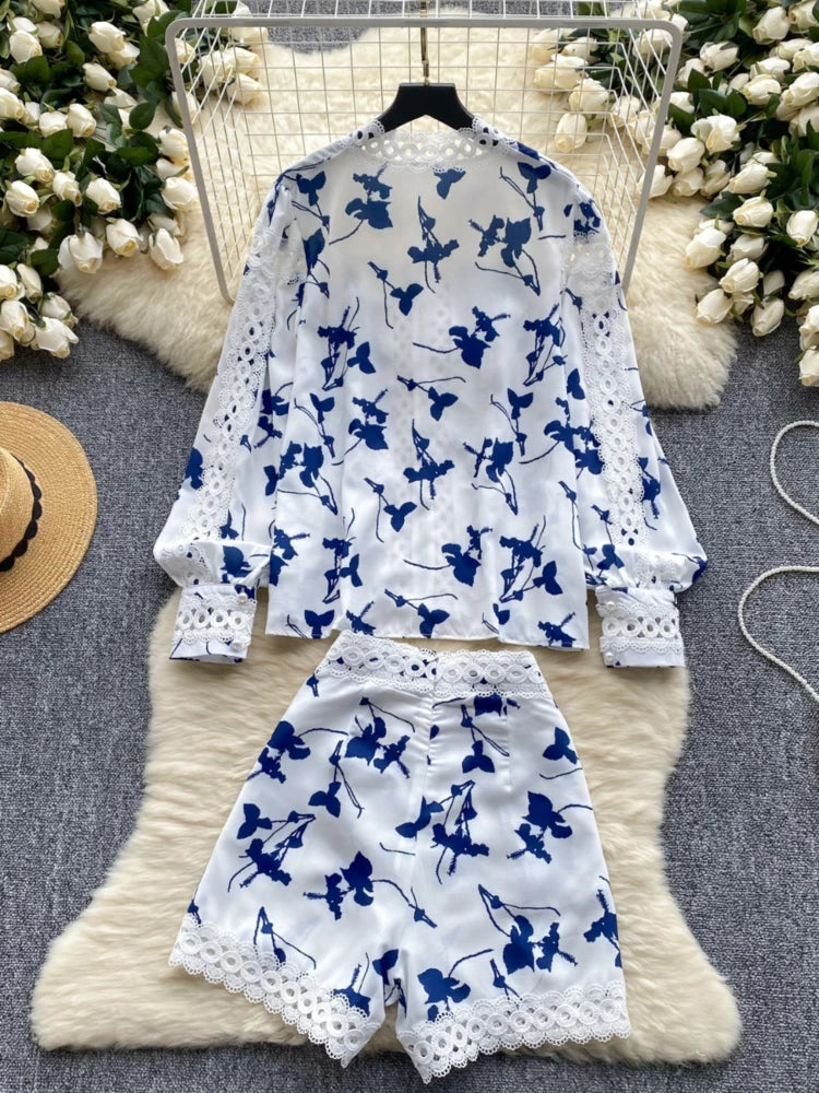 Maxy Spring Summer Vintage Two Piece Sets Women Hollow Lace Splicing Stand Collar Pearl Single Breasted Print Shirt+ Shorts Suits