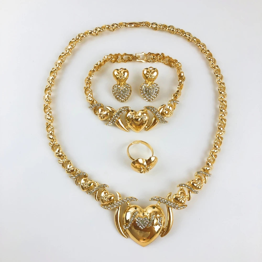 Maxy Hot selling Women XOXO Jewelry Set Gold Plated Heart Necklace Bride Wedding Necklace Earrings Bracelet Ring Set Gift