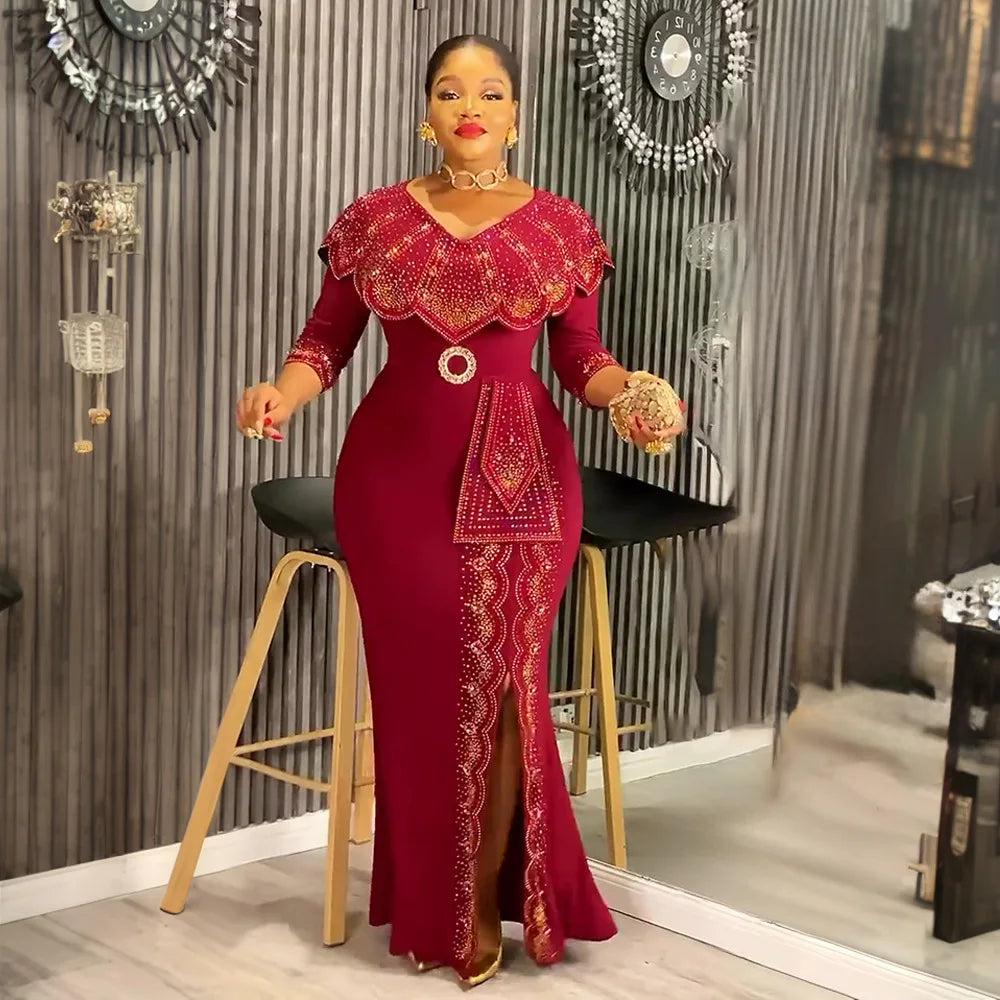 Amay Plus Size Party Dresses for Women Dashiki Diamond Bodycon Long Dress Elegant Muslim Wedding Evening Gowns Outfits