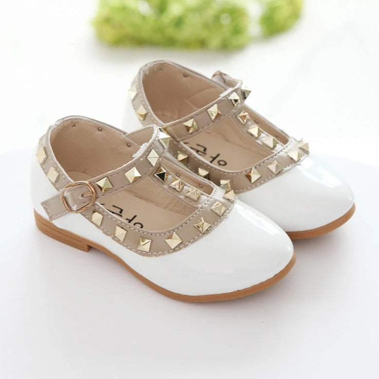 Maxy New Fashion Children Girls Princess Shoes PU Leather toddler Baby Flat-heel Kids Mary Jean Shoes Fasion Rivets Student Sneakers