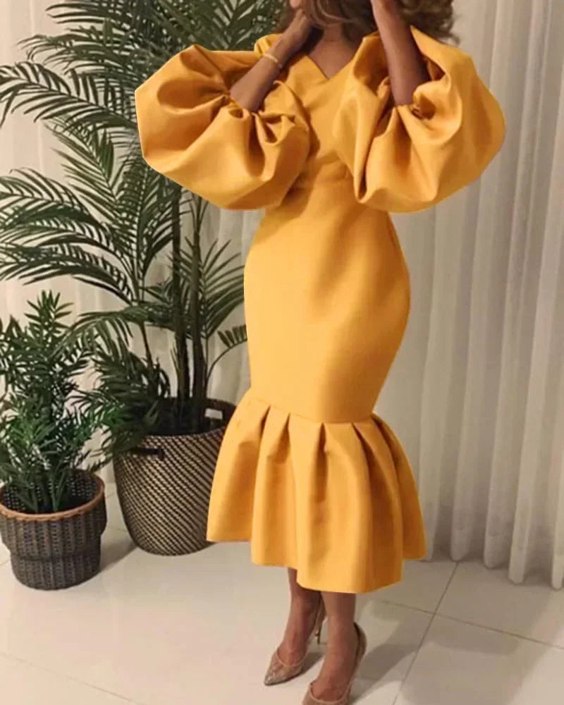 Maxy Plus Size Casual Elegant Fashionable Women's Fashion Solid Color V-Neck Bubble Long Sleeved Fishtail Dress Party Evening Dress